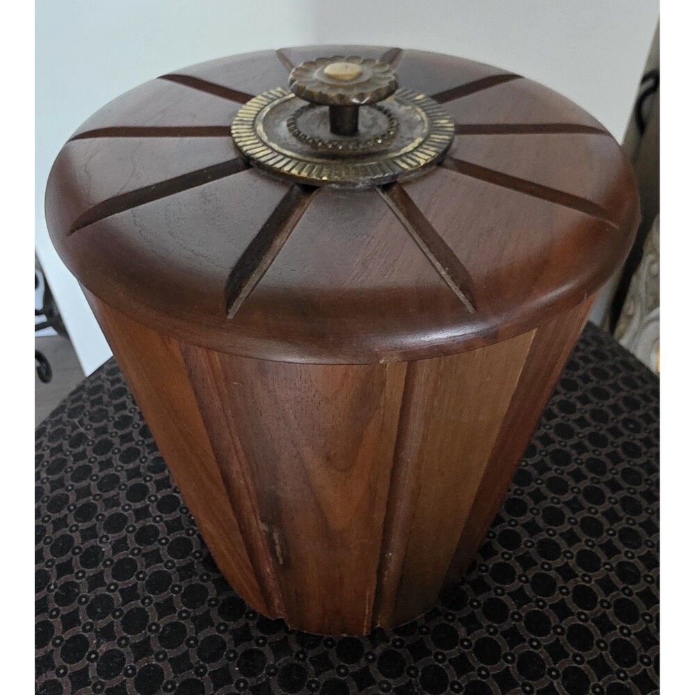 Vintage Barware MCM Wood ICE BUCKET Brass Knob w/Liner VGUC